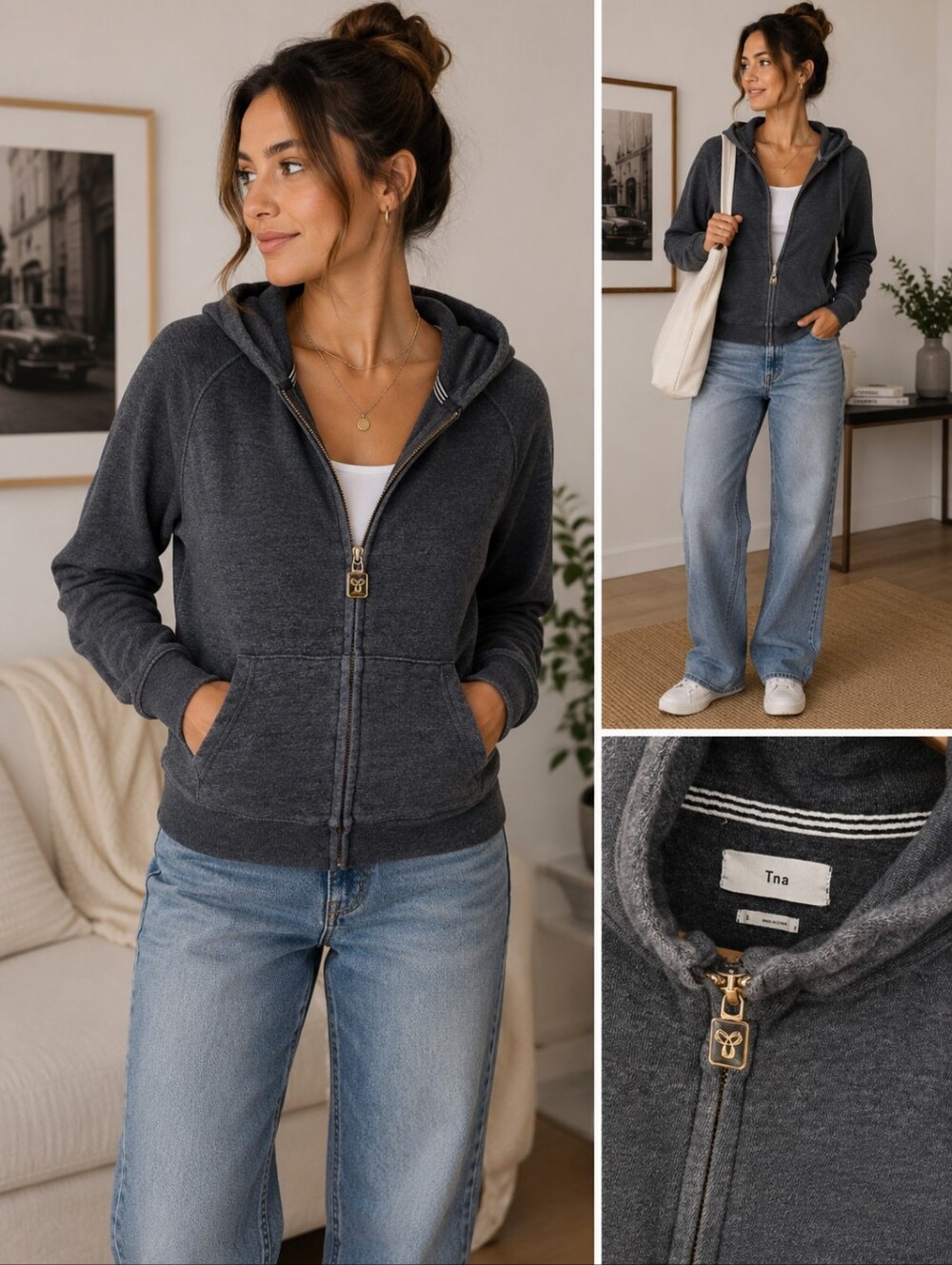 TNA Dark Gray Full-Zip Hoodie ptp 19 inches